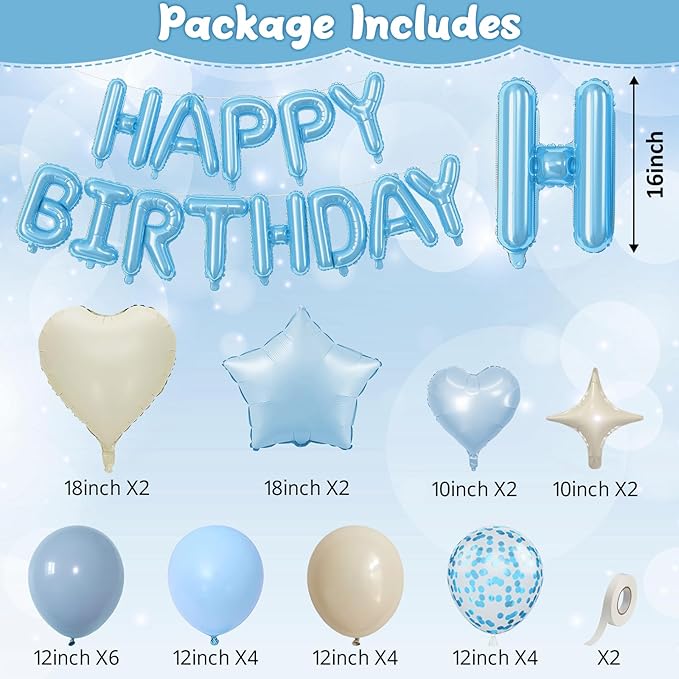 Dusty Blue Birthday Decorations for Boys Fog Baby Light Baby Blue Sand White Balloons Confetti Party Balloon Happy Birthday Banner Heart Balloons 18/10 Inch Star Balloon for Men Bday Party Supplies
