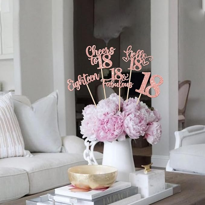 15PCS Happy 18th Birthday Centerpiece Sticks Eighteen Hello 18 Cheers to 18 Table Flower Centerpieces Sticks Happy 18 Fabulous Floral Decorations for 18th Birthday Party Centerpieces Rose Gold