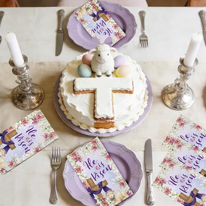 100Pcs Christian He Is Risen Easter Napkins - Easter Lamb Flowers Cross Party Napkins Spring Floral Theme Party Supplies Disposable Luncheon Dinner Napkins 7.8" x4.3" for Tea Party Kitchen Bathroom