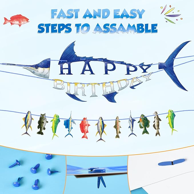 WERNNSAI Fishing Happy Birthday Party Banner - Gone Fishing String Hanging Banner with Pre-strung Fishing Banner Supplies for Boys Litter Fisherman Birthday Party Hanging Wall Decorations