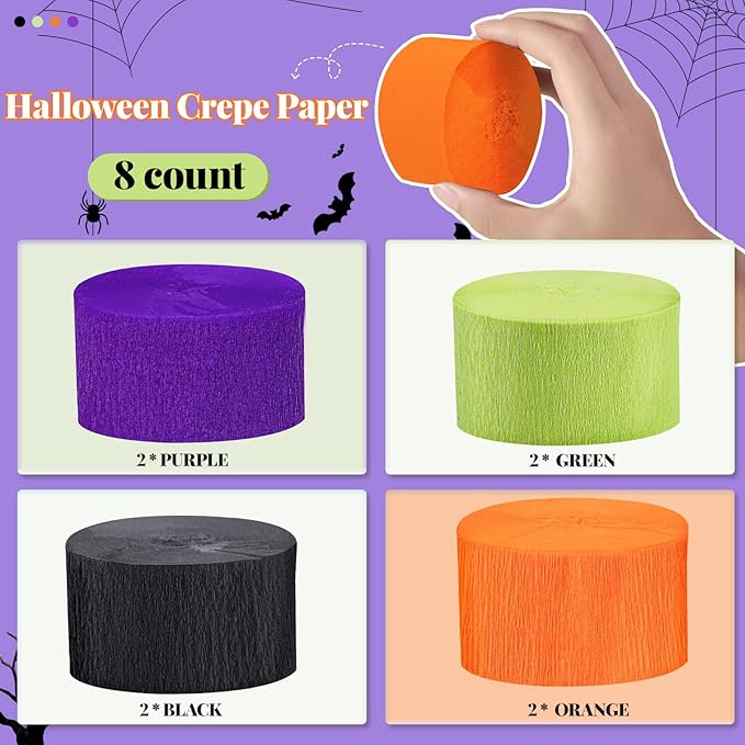 Riqiaqia Halloween Streamers, 8 Rolls Black & Orange Crepe Paper Streamers for Halloween Party Decorations, Birthday & Home Backdrop Decorations
