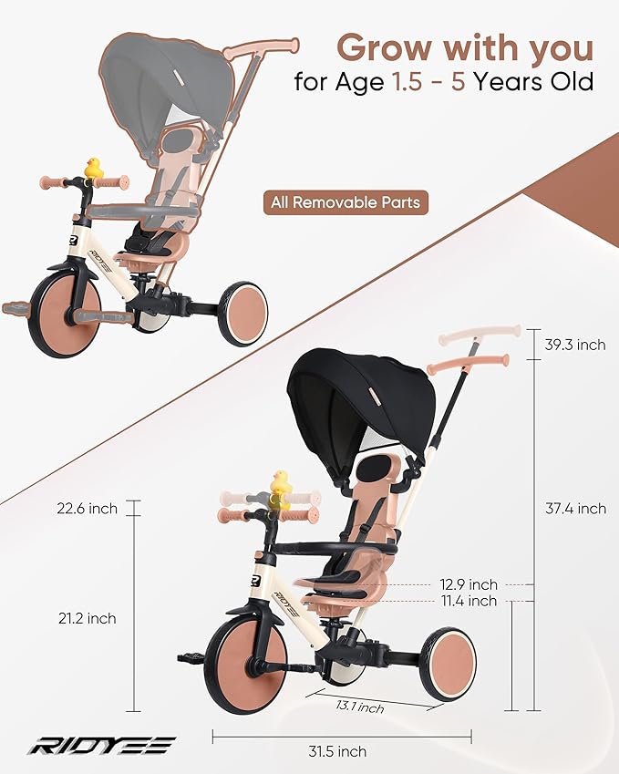 8-in-1 Tricycle for 1.5-5 Years, Tool-Free Switch, Toddler Tricycle with Parent Steering Control Handle for 1.5 to 5 Yrs, Toddler Trike 1.5-3 Years with 5-Point Harness and Large Canopy, White