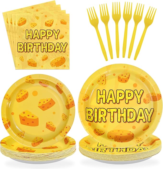 96Pcs Cheese Birthday Party Decorations Pizza Cheese Birthday Plates and Napkins Tableware Set Cartoon Funny Cheesy Party Decorations for Boys Girls Baby Shower Macaroni Party Supplies Serves 24