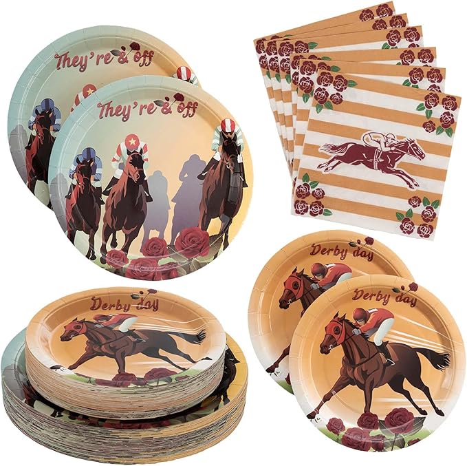 180Pcs Kentucky Derby Day Party Supplies Serve 60, Disposable Derby Horse Paper Plates and Napkins Set for Kentucky Derby Decorations Horse Birthday Party