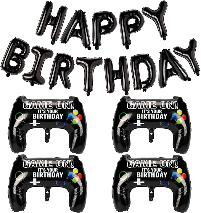 Black Happy Birthday Balloons, 29" Huge Video Game Controller Aluminum Foil Balloon Banner for Boys Birthday Gaming Party Decorations Supplies