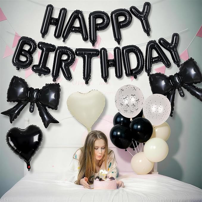 Black White Bow Birthday Decorations Black Sand White Cream Pearl Polka Dot Bows Print Balloon Happy Birthday Banner 38 In Coquette Foil Balloons Heart Balloon for Women Men Bday Party Supplies