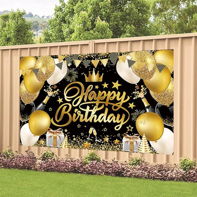 Black Gold Happy Birthday Backdrop Decorations Black Gold Happy Birthday Banner Photo Background for Home Indoor Outdoor Party Decorations Supplies 70.8 x 47.2 Inch