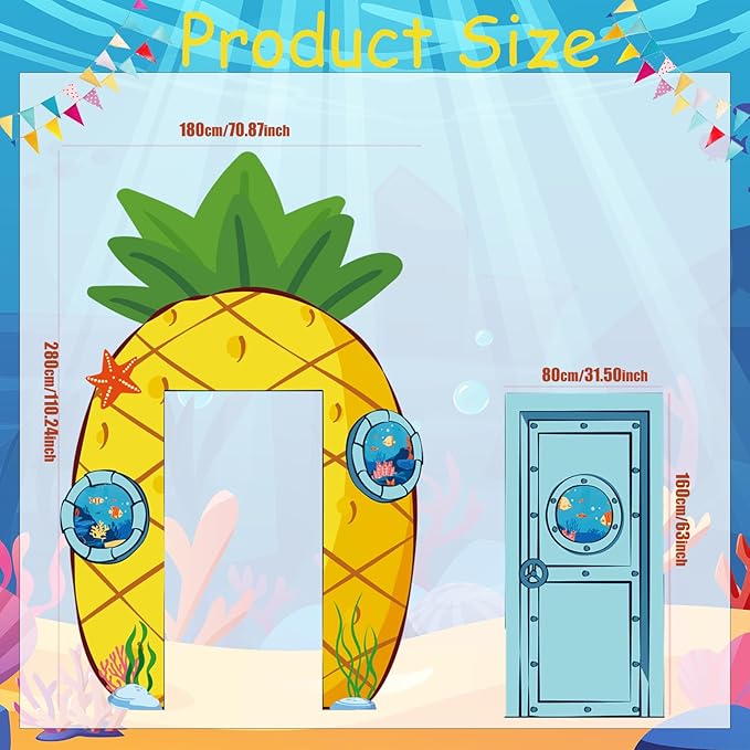 Pineapple Party Decorations Carton Sponge Birthday Porch Banner Backdrop Yellow Cartoon Party Supplies Door Decoration Banner Sea Animals Photo Booth Backdrop Hanging for Sponge Birthday Photo Props