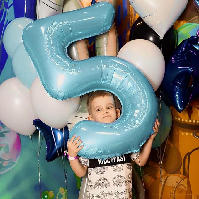 4 Balloons Number, 40 Inch Large Light Blue Number 4 Balloon, Baby Blue Foil Self Inflating Helium for Boys Kids 40th 15th Age Birthday Party Decorations Anniversary Party Decoration Supplies