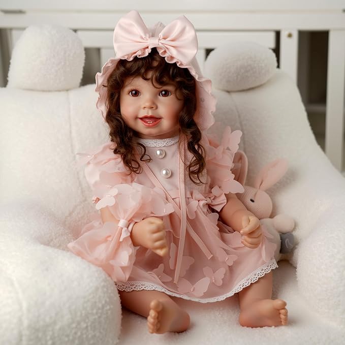 BABESIDE 4 Pcs Reborn Baby Doll Clothes Set for 17-22 Inch Babydolls, Pink Bow Dolls Dress with Hat Headband and Reusable Diaper for Realistic Baby Doll Accessories