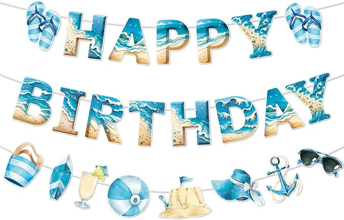 Zwiebeco Blue Sea Happy Birthday Party Decoration Banner Bunting Garland Hanging Paper for Boys Girls Men Women Kids Adults Summer Beach Ocean Themed Birthday Decor Accessories Supplies
