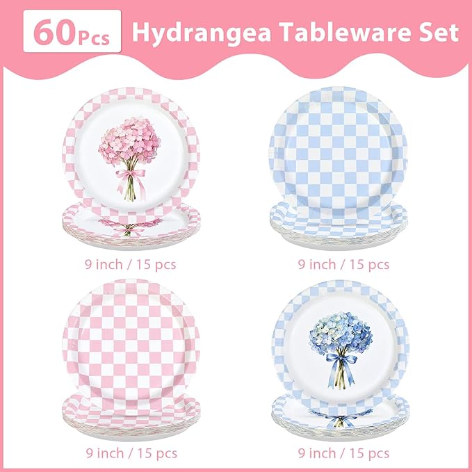 60Pcs Hydrangea Plaid Paper Plates 9" Heavy Duty Disposable Blue Pink Floral Dessert Plates Flower Checkered Party Decorations for Spring Baby Shower Wedding Bridal Shower Birthday Party Supplies