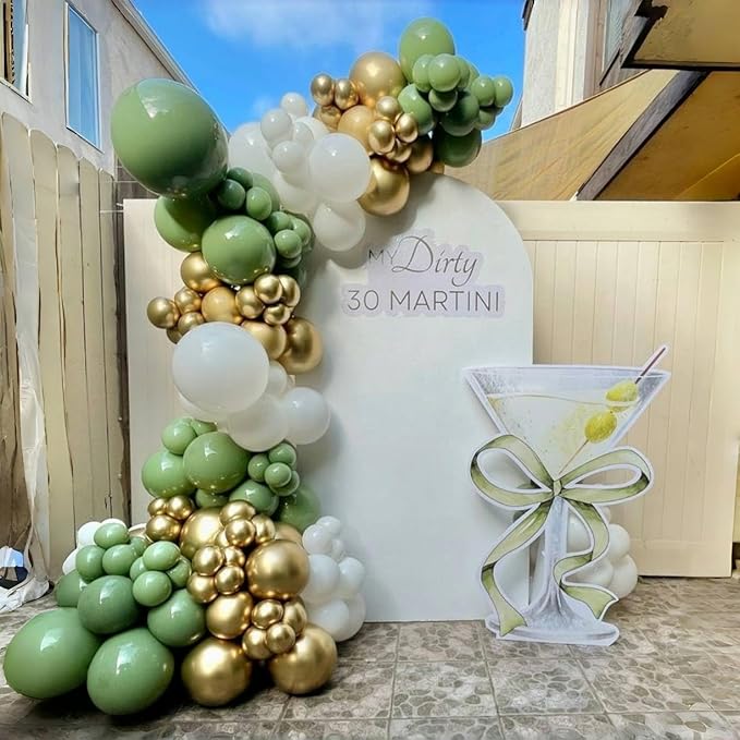 Dusty Sage Green and Gold Balloons, 12 Inch Retro Olive Green White Gold Latex Muted Balloon Set for Girls Birthday Wedding Jungle Baby Bridal Shower Camp Bachelorette House Warming Party Decorations