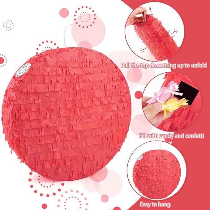 Red Round Pinata with Stick Blindfold and Confetti DIY Blank Pinata for Adults Kids Birthday Party Supplies Carnivals Thanksgiving Christmas Decorations