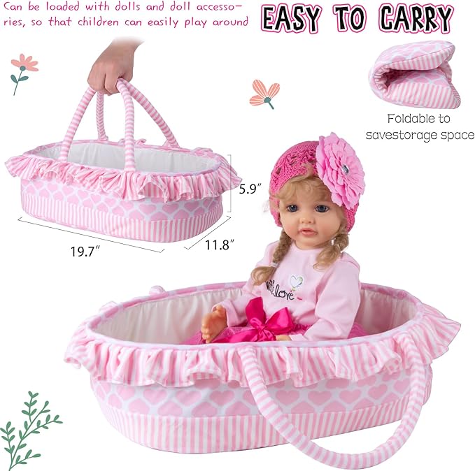 PEDOLLTREE 14 Pcs Reborn Baby Dolls Clothes Accessories Outfit with Pink Heart Bassinet and Blanket for 17-22 Inch Reborn Dolls Newborn Baby Girl