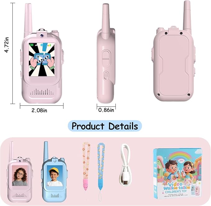 Video Walkie-Talkies for Kids, 2 Pack Rechargeable Video Intercom with Voice Changer, Hd Camera, 1000ft Range Kids Walkie Talkies for Indoor, Outdoor Camping, Travel, Ideal Gift for Kids 3-12