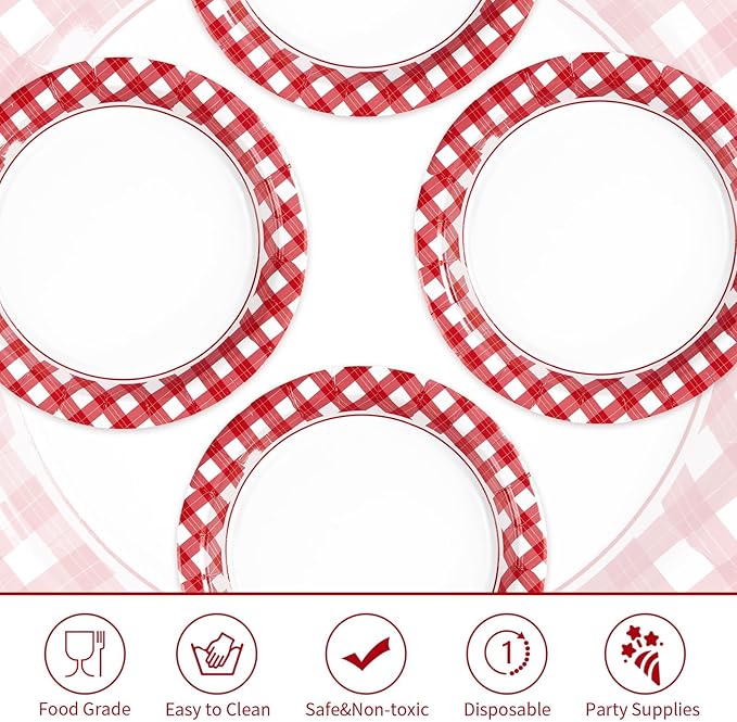100 Pcs Red Gingham Paper Plates 7" Heavy Duty Red and White Buffalo Checked Plaid Dessert Plates Disposable Gingham Party Supplies for Summer Pizza BBQ Picnic Baby Shower Birthday Party Decorations