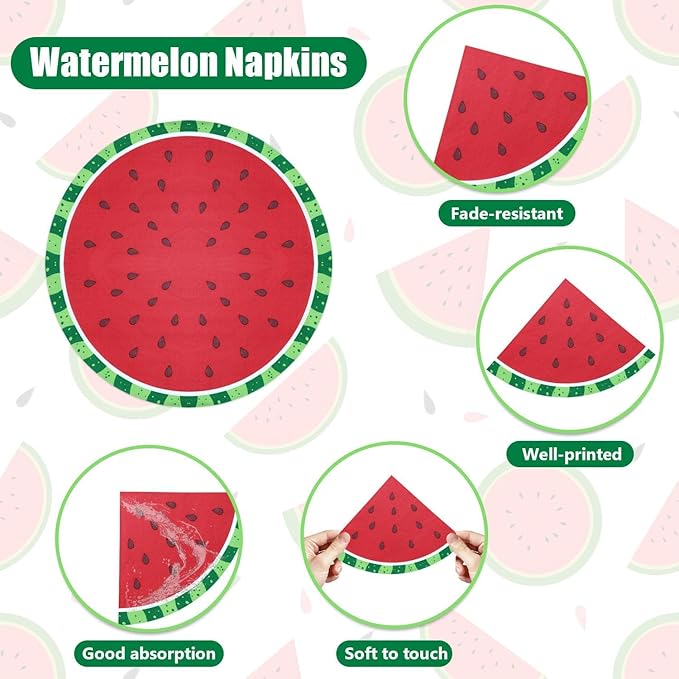 100Pcs Watermelon Napkins, Disposable Watermelon Slices Napkins, Picnic Napkins for Kids Baby Shower Summer Tropical Fruit Watermelon Party Supplies, 13 x 13 Inches