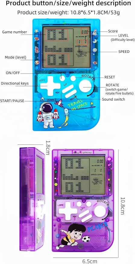 Kids Brick Game Console Small Portable Transparent Body Built-in 23 Retro Blocks Games Adjustable Difficulty/Speed Powered by 2 AAA Batteries Kids/Students Birthday Toys (Pink)