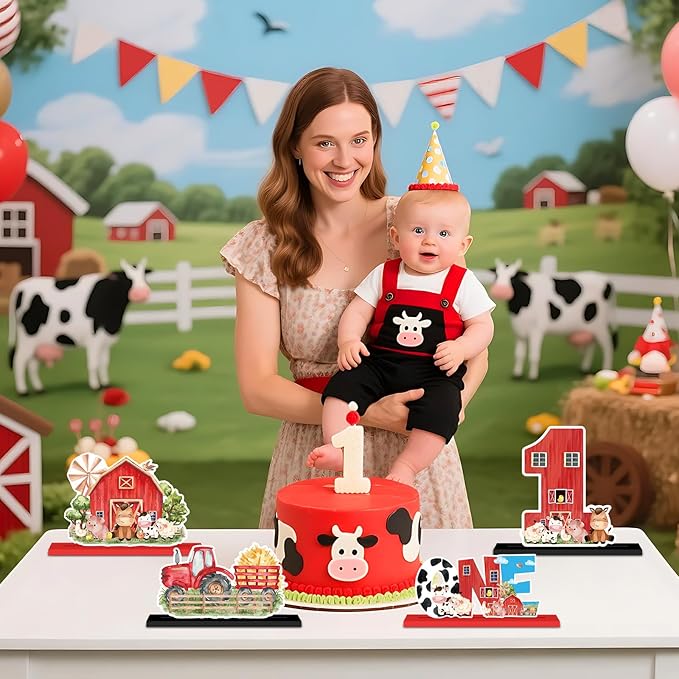 4Pcs Farm Animal One Wooden Table Centerpieces Farm Barnyard Happy 1st Birthday Table Sign Party Supplies for 1 Year Old Baby Shower Boys Girls Birthday Party Supplies Decor Photo Props Kids