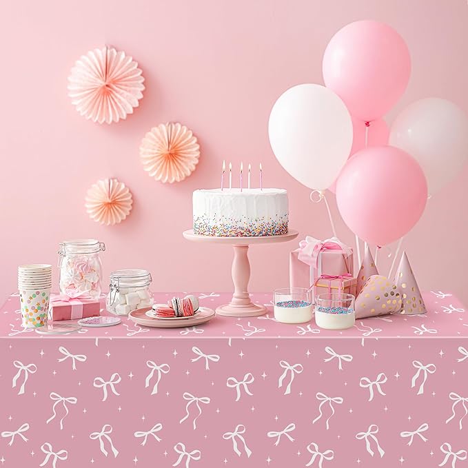 3Pcs Coquette Party Tablecloths Decorations,White Bow Plastic Table Cover Disposable Rectangle Table Cloth for Girls Birthday Bridal Wedding Party Supplies,54x108 Inch
