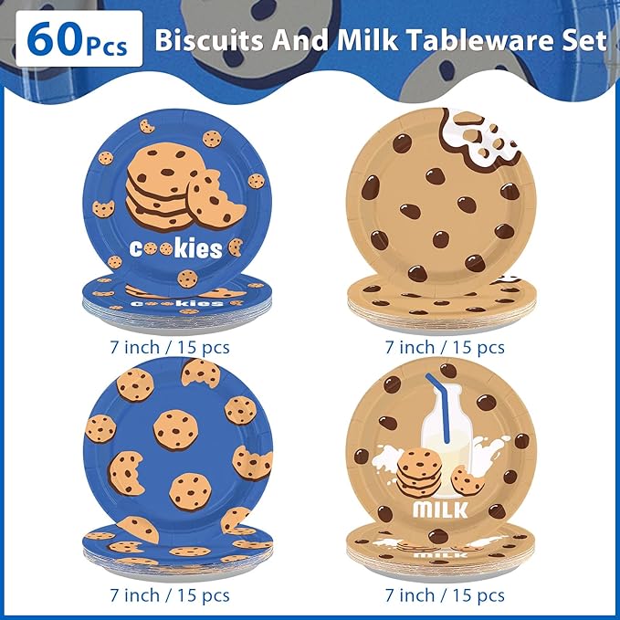 60 Pcs Milk and Cookies Birthday Party Plates 7" Disposable Chocolate Chip Cookie and Milk Dessert Plates Blue Brown Milk Cookies Theme Paper Platters for Kids Birthday Baby Shower Party Decorations