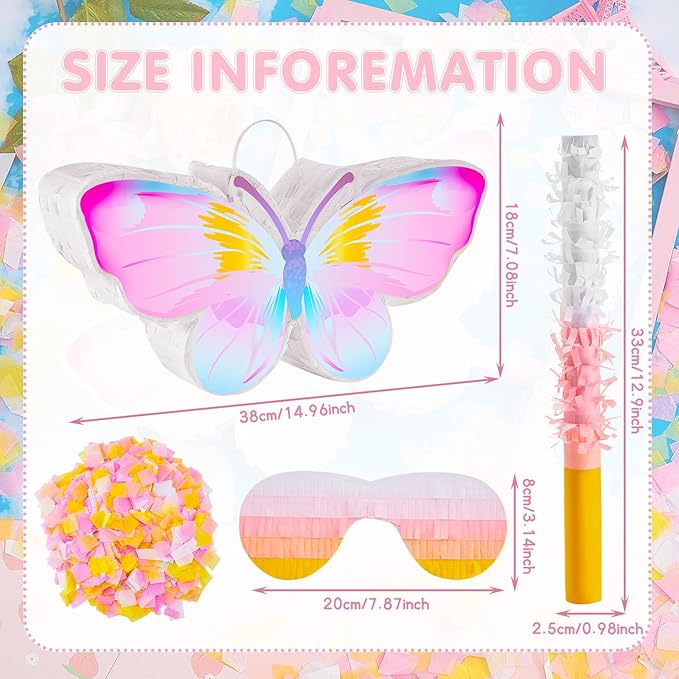 Lewtemi Butterfly Piñata Decorations with Stick Blindfold and Confetti for Birthday Fairy Woodland Theme Decorations Photo Prop Funny Anniversary
