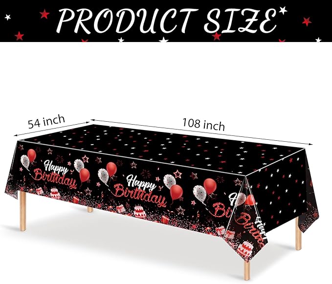 Breling Birthday Party Supplies Confetti Sprinkles Happy Birthday Tablecloths Starry Table Covers for Party Decorations, 54 x 108 Inches(Red and Black,3 Pack)