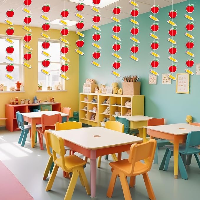 MARFOREVER 41Ft 5 Pcs Pencil Apples Garland Back to School Decorations, Pre-Strung Pencil Apple Banner Hanging Streamers for First Day of School Classroom Decorations Teacher Office Photo Props