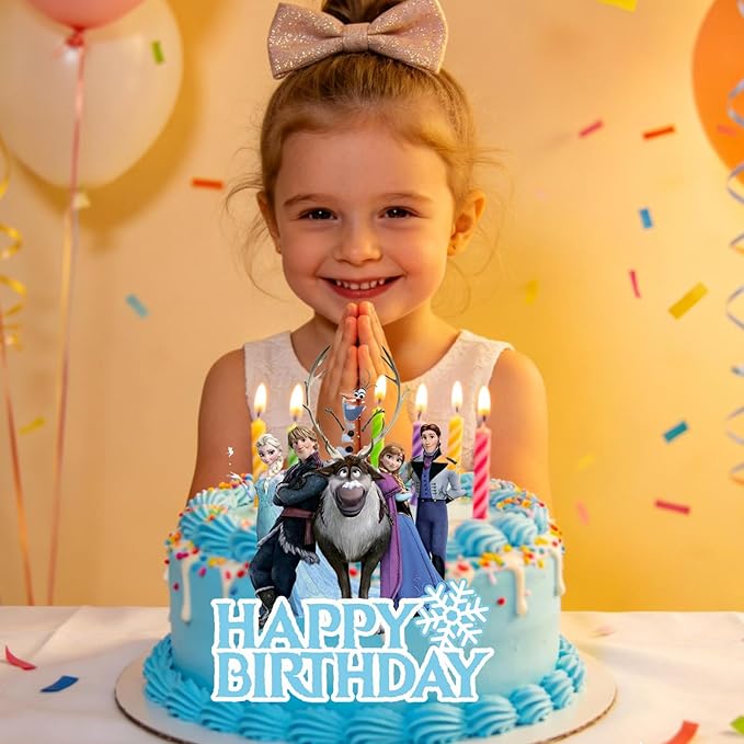 7Pcs Cute Blue Princess Birthday Cake Decorations，1 Large, 6 Small Snow Theme happy Birthday Cake Toppers，For Ice Birthday Party Supplies (E)