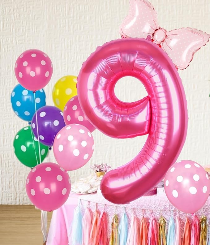 40 Inch Pink Number 9 Balloon with Mini Bow Balloon for Girls 9th Birthday Decorations, Pink Princess Western Cowgirl Theme Sweet Nine Birthday Party Balloons Decorations Supplies Favors
