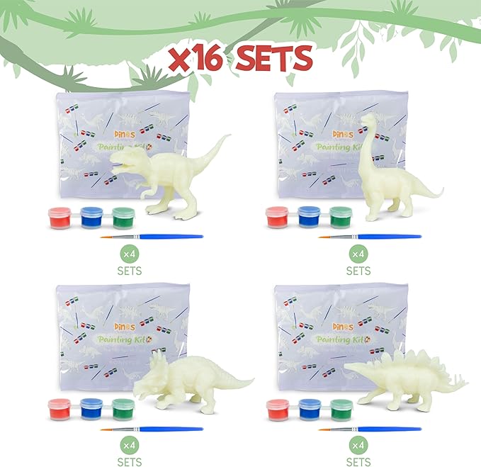 BONNYCO Dinosaur Party Favors for Kids Painting Kit Pack 16, Dinosaur Goodie Bags Stuffers for Kids 3-5 4-8. Goody Bag Stuffers, Pinata Filler. Classroom Prizes, Return Gifts Birthday Party Boys