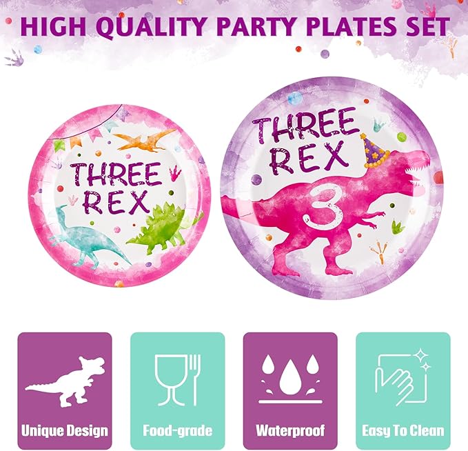 WERNNSAI Dinosaur 3rd Party Decorations - 64PCS Dinosaur Plates Napkins and Forks Set Three Rex Birthday Decorations for Kids Girls 3 year old Birthday Decorations Serves 16 Guests