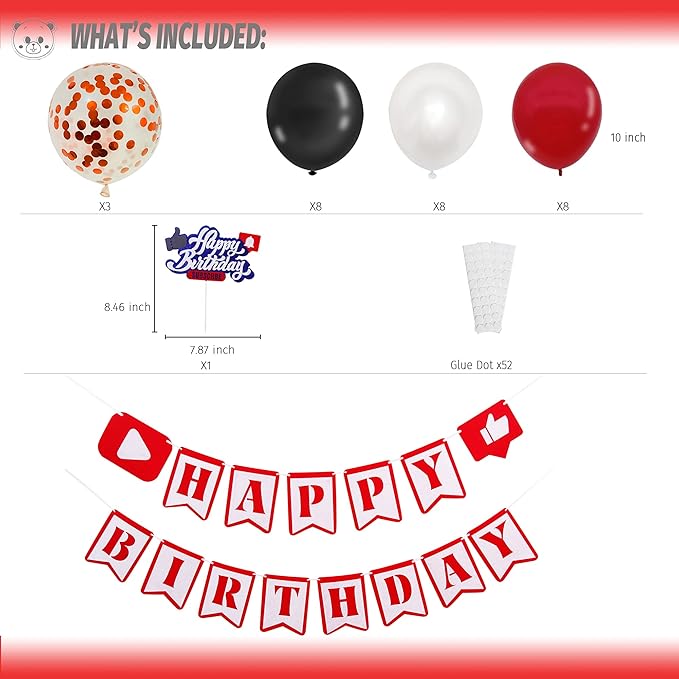 YouTube Themed Party Supplies, YouTube Inspired Birthday Banner Social Media Cake Topper for Subscribe Play Video Theme Birthday Party Decorations