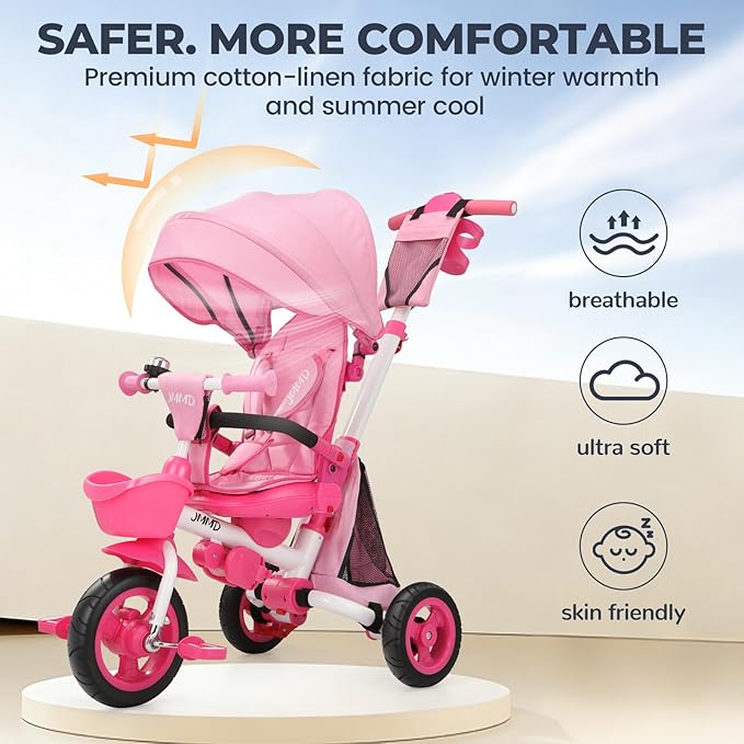 JMMD 8 in 1 Tricycle Stroller with Push Handle, Foldable Trike with 360° Swivel Seat, Reclining Backrest, All-Terrain Wheels, Dual Brakes, Canopy & Storage, Gift for Kids 18 Months to 5 Years, Pink