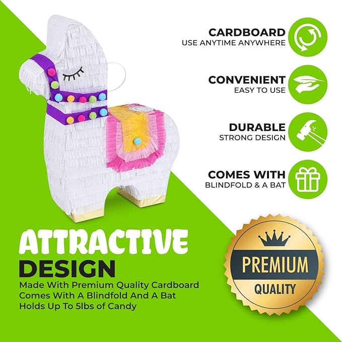 Llama Pinatas Bundle with a Blindfold and a Bat (17 x 14 x 4 Inches), Perfect for kid's Birthday Parties, Mexican Theme Parties, Decorations