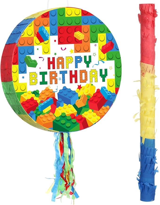 Jexine Birthday Block Piñata Set Birthday Building Piñata with Blindfold, Bat, Stick Blocks Party Supplies for Carnival Fiesta Party Supplies Event Decoration