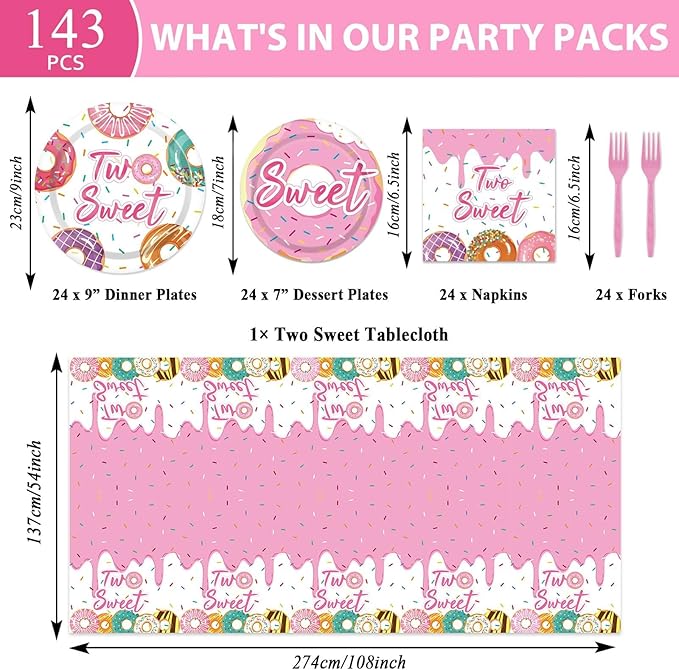ZOiiWA 143Pcs Two Sweet Birthday Party Decorations Girls Donut tableware Set Sweet Donut 2nd Party Plates Napkins Backdrop Tablecloth Banner Balloons for Baby Girls 2 Years Old Birthday Party Supplies