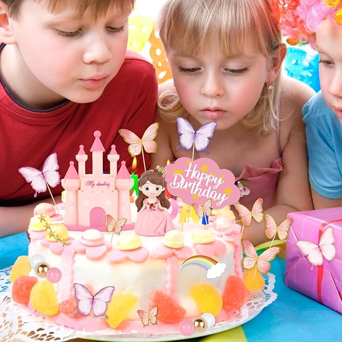 Hooqict 33PCS Princess Cake Decorations Set with Butterflies, Balls, Castle Cake Toppers & Cupcake Toppers for Girls Princess Birthday Party Decorations Tea Party Supplies