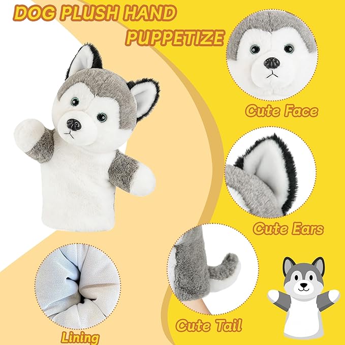 Puppy Hand Puppet Soft Plush Animal Toy No-Shedding Plush Dog Interactive Pretend Play Storytelling Classroom Educational Gift for Children Boys Girls Husky