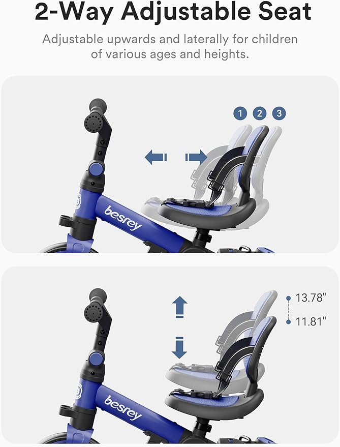 besrey 4 in 1 Toddler Bike, Toddler Tricycle for 1-3 Year Old, Trike with Push Handle, Backrest and Safety Belt, Birthday Gifts and Toys for Boys and Girls, Balance Bike (Dark Blue)