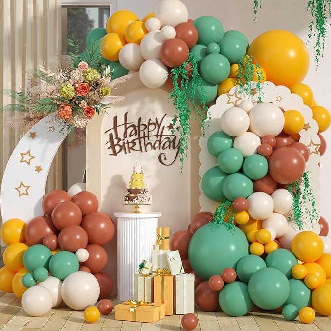 Green Yellow Brown Balloon Arch Kit,Dusty Green Mustard Yellow Brown Sand White Balloons for Kids Boy Safari Jungle Wide Birthday Party Decorations Baby Shower Wedding Cartoon Party Supplies