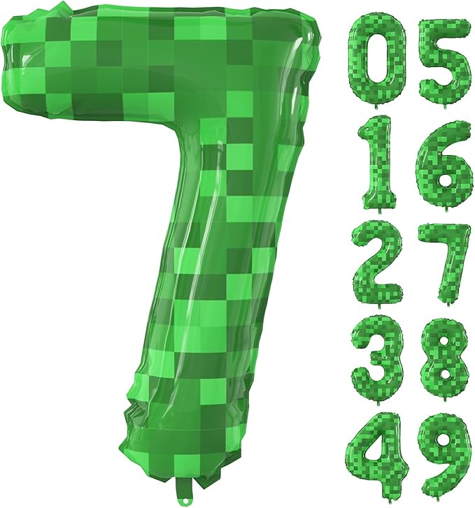 40 Inch Green Pixel Miner Theme Number Balloons Large Birthday Party Number Balloons Mining Gaming for Kids Birthday Party Decoration Supplies (Number 7)