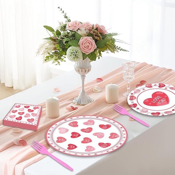 96 Pieces Valentine’s Day Tableware Set – Red and Pink Heart Message Disposable Plates, Napkins, Forks For Valentine’s Parties, Weddings, Anniversaries, Romantic Dinners – Serves 24 Guests