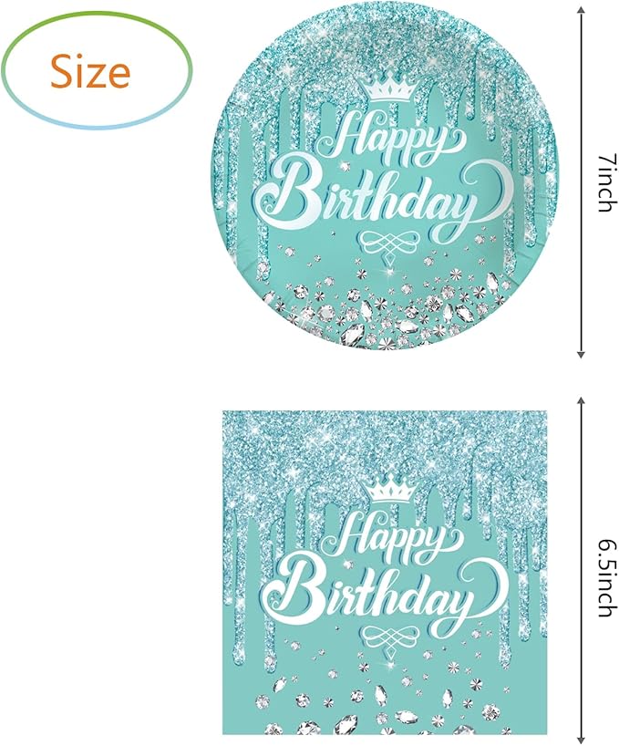 Teal and Silver Birthday Party Supplies, include 20 Plates and 20 Napkins, Teal and Silver Theme Birthday Party Decorations for Kid Girls Women Silver Glitter Party Supplies