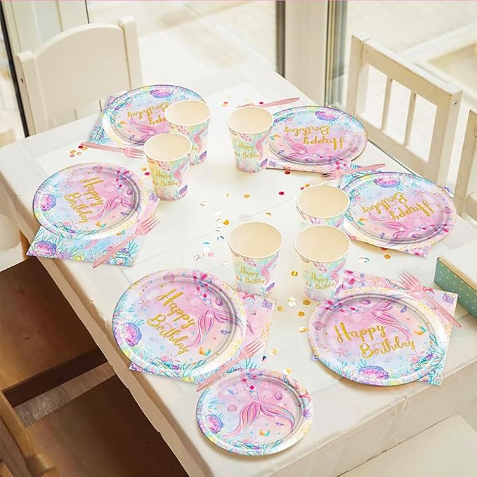 120Pcs Mermaid Birthday Party Plates Under the Sea Ocean Paper Disposable Tableware Set for Girls Kids Birthday Party Decorations Serve 24