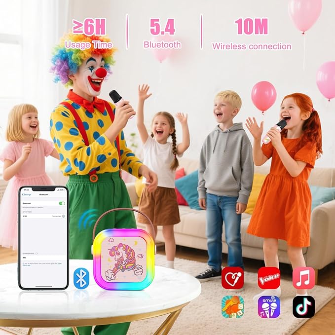 Mini Karaoke Machine for Kids: Unicorn Bluetooth Speaker with 2 Wireless Microphones, Portable Singing Toy & Birthday Gifts for Girls Ages 4-12
