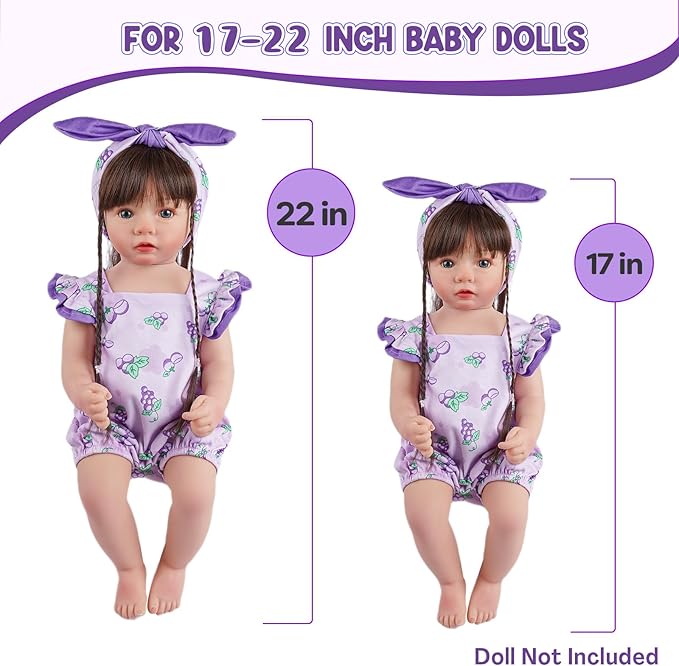 BABESIDE 2 Pcs Reborn Baby Doll Clothes Set for 17-22 Inch Babydolls, Fruit Pattern Baby Dolls Clothes Accessories with Headband for Realistic Babydoll Girl, Purple Grapes