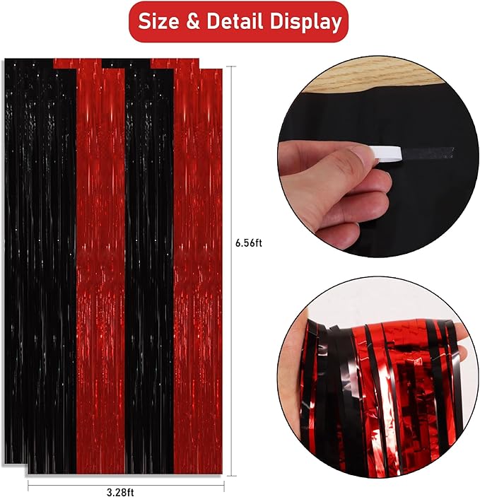 TONIFUL 2Pcs Black Red Door Streamers,Green Photo Booth Backdrop,Metallic Streamers Green Foil Fringe Curtains for Birthday,Christmas,New Year,Halloween,St. Patrick's Day Party Streamers Decor