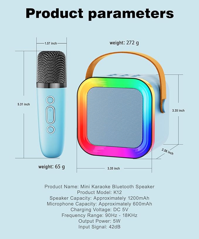 Mini Karaoke Machine Speaker for Kids Adults,Portable Bluetooth with 1-2 Wireless Microphones,Christmas Birthday Gifts Toys Girls Boys Ages 4, 5, 6,7, 8,9,10,11,12+ Years Old Toddler (Blue - 1 Mic)